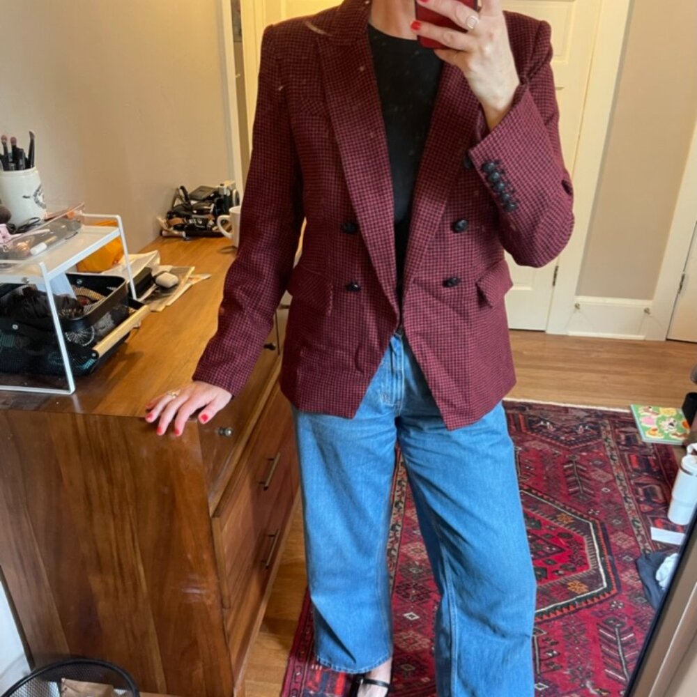 Veronica Beard Miller Dickey Wool Blend Red Houndstooth Blazer - Double-breasted